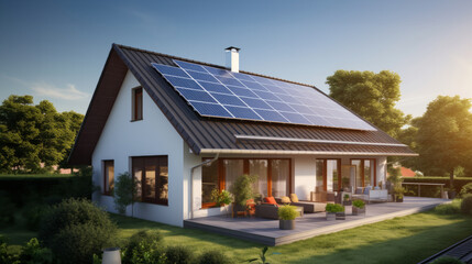 A modern eco-friendly house with solar panels on roof in tranquil environment. Green energy home. Sustainable living and renewable energy lifestyle