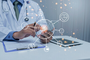 Medic working with modern smart phone in the middle of the icons medical network connection. Medical and healthcare concept. Medical technology network concept.