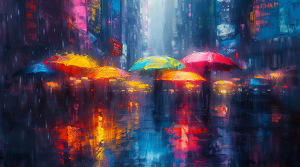 Colorful umbrellas on a vibrant, rainy city street at dusk create an enchanting scene.