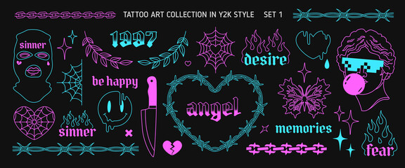 Y2k Glow Tattoo Art set 1 in 1999s 2000s style. Y2k opium style heart, butterfly, chain, flame silhouette, apparel printsdesign Goth Tattoo line art stickers. Printable vector designs - obrazy, fototapety, plakaty