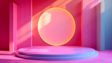 Colorful podium with lighting. Stand wall scene color,  realistic cylinder mockup podium hologram color. Pastel minimal scene for product display. Circle Shape, forms. Stage showcase, Generative Ai 