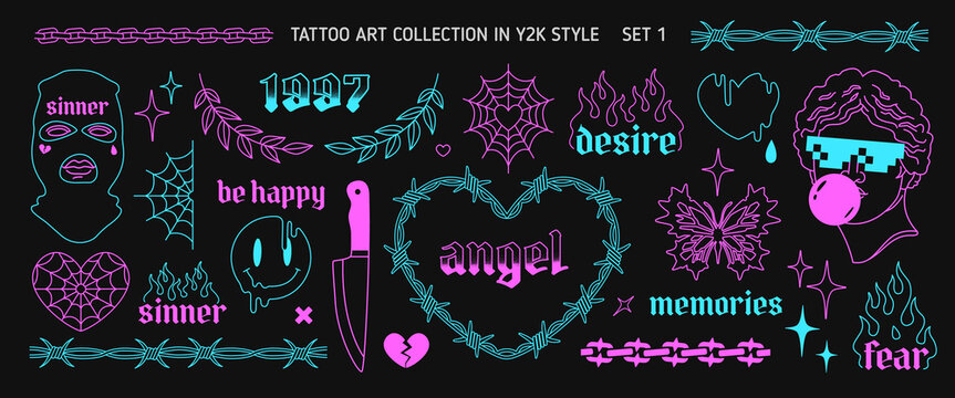 Y2k Glow Tattoo Art set 1 in 1999s 2000s style. Y2k opium style heart, butterfly, chain, flame silhouette, apparel printsdesign Goth Tattoo line art stickers. Printable vector designs