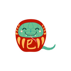 Chinese zodiac sign, cute cartoon snake daruma doll character illustration, text Snake. Traditional Japanese craft. Isolated vector. Flat style design. Lunar New Year holiday card, banner element