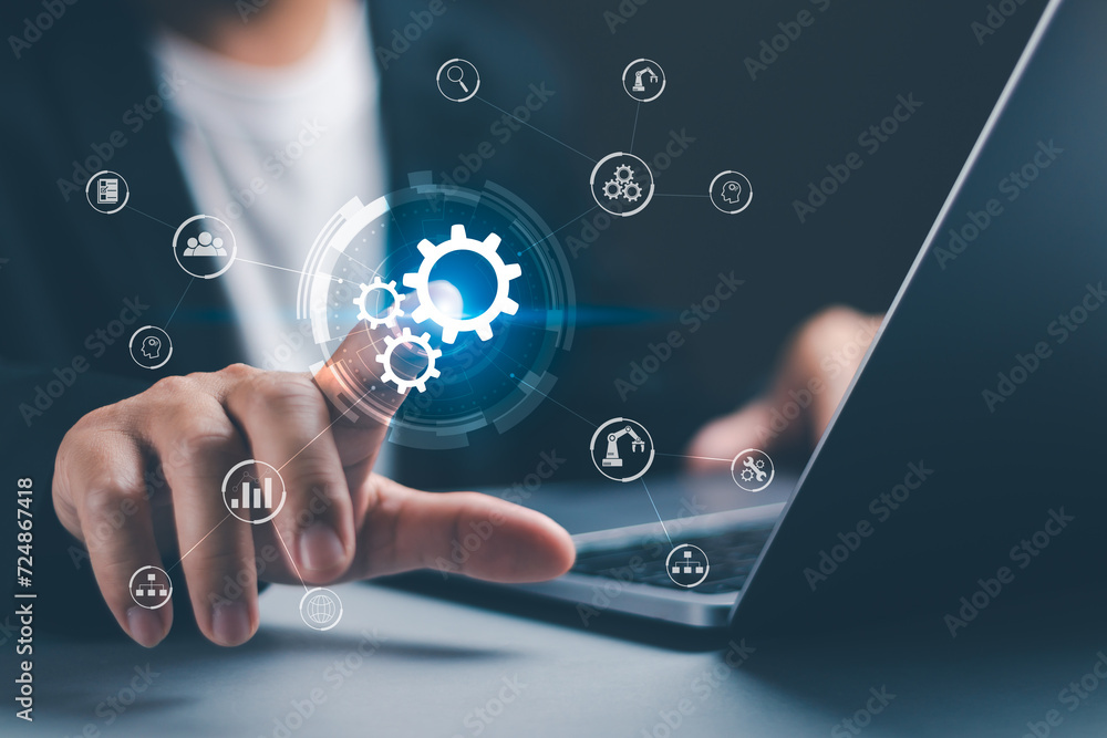 Aufkleber concept of automation software technology process systems, innovations for managing business work pr