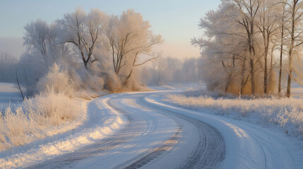 Obraz premium Winter wonderland with a snowy path winding through frost-covered trees at sunrise.