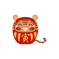 Chinese zodiac sign, cute cartoon tiger daruma doll character illustration, text Tiger. Traditional Japanese craft. Isolated vector. Flat style design. Lunar New Year holiday card, banner element