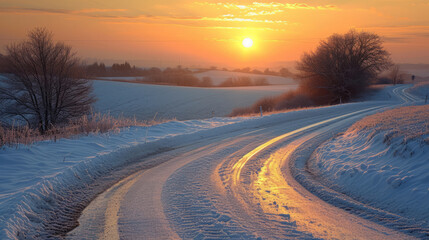 A tranquil sunrise over a snowy road, creating a beautiful but hazardous drive