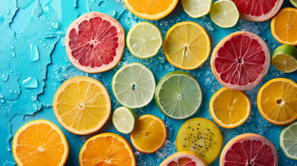 Colorful mosaic of sliced exotic fruits submerged in water