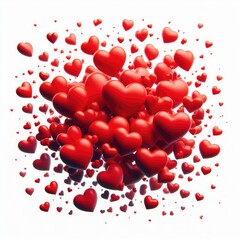 A spontaneous display of love Multiple vibrant red hearts scattered randomly against a pure white background.