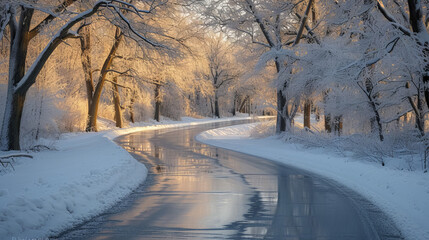 Obraz premium Winter wonderland with a snowy path winding through frost-covered trees at sunrise.