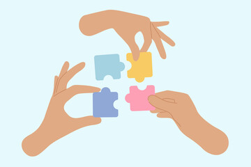 Teamwork, creative thinking, brainstorm, creative mind concept. Hands connect pieces of jigsaw puzzle. Isolated vector illustration