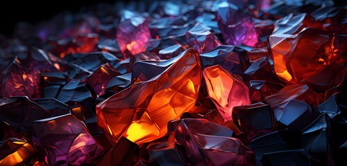 AI-generated crystalline structures in vivid hues, radiating from the center against a perfectly black, glossy background - obrazy, fototapety, plakaty