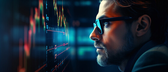 
A portrait of a trader wearing eyeglasses with a reflective gaze, capturing the essence of focus, expertise, and financial acumen.