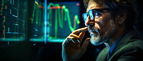 
A portrait of a trader wearing eyeglasses with a reflective gaze, capturing the essence of focus, expertise, and financial acumen.