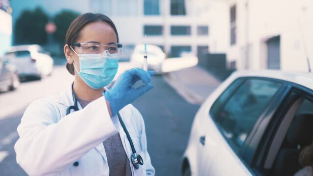 Nurse, woman and car drive through for vaccine vial, medical compliance or disease protection from covid 19. Healthcare medicine, corona virus or doctor with immunization injection for patient driver