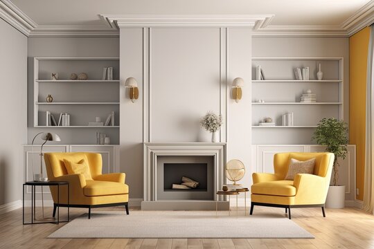 View from the side of a light living room interior with a sofa and two armchairs and a hardwood floor. fireplace and decorative shelf Model of a blank wall