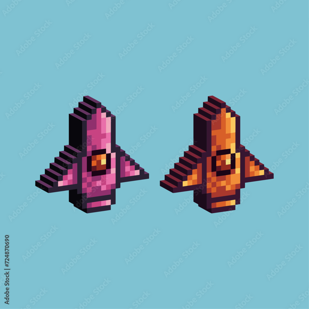 Poster isometric pixel art 3d of spaceship icon for items asset. spaceship icon on pixelated style.8bits pe