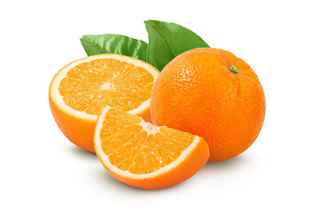 Orange fruit with slices isolated on white background with full depth of field