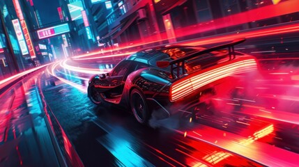 racing car in a 3d video game with neon lights - obrazy, fototapety, plakaty