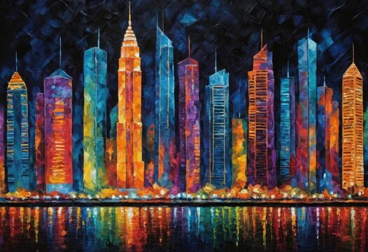 stylish multicolored painting of a cityscape at night with skyscrapers and lights on a textured wallpaper with a black color
