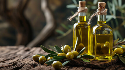 Olive oil in bottle on rustic background. 