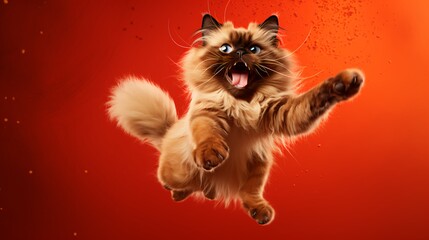 A Himalayan kitten in the air startled surprised and incredibly cute, great for a website header or for other graphic design needs. red background