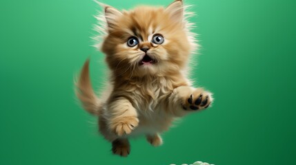 A Himalayan kitten in the air startled surprised and incredibly cute, great for a website header or for other graphic design needs. Green Background. - obrazy, fototapety, plakaty