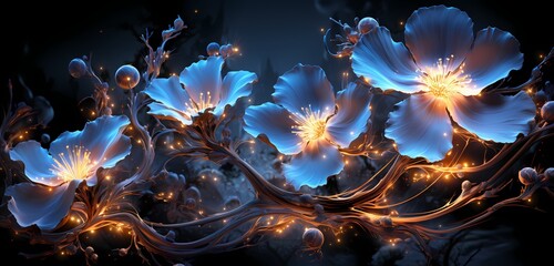 AI-generated electric-blue bioluminescent flora emerging from a black canvas, creating an otherworldly botanical spectacle