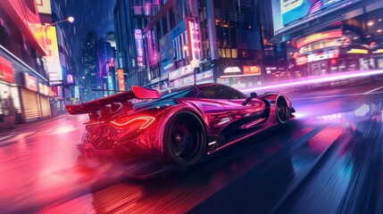Racing car in a 3D video game with neon lights and speed. concept real 3d video games latest generation, high-end