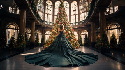 A lady in a beautiful christmas ball gown photographed from behind as she looks at a majestic Christmas tree, perfect for holiday graphic needs.
