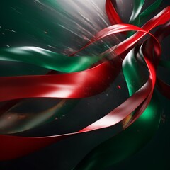 Abstract Christmas ribbon blown into the air in a studio with green background, beautiful for graphic design. 