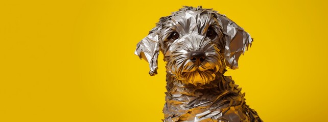 A highly detailed labradoodle made out of tin foil. Yellow background, studio photography. AI Generated.