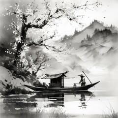 Japan traditional sumi-e painting. Indian ink illustration. Japanese picture samurai with sakura mountains. High quality image 