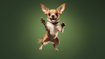 A chihuahua jumping into the air got at the apex of their jump, with great expression of exuberance and joy as well as anticipation. Green Studio