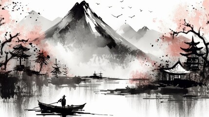 Japan traditional sumi-e painting. Indian ink illustration. Japanese picture samurai with sakura mountains. High quality image 