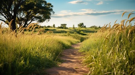 A path winds through a field of tall grasses at sunset, creating a beautiful summer landscape