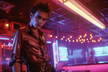 A portrait of a young man with spiky hair, wearing a shiny button-up shirt and leather pants, standing in front of a neon-lit club, capturing the nightlife fashion of the Y2K era