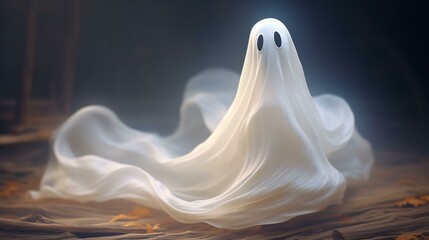 A small whispy ghost on wooden floor, innocent and not scary. peaceful and nice friendly ghost. AI Genrated 