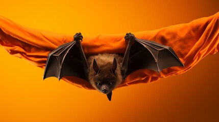 Halloween background or graphic element of a bat flying out of an orange piece of cloth on an orange background - obrazy, fototapety, plakaty