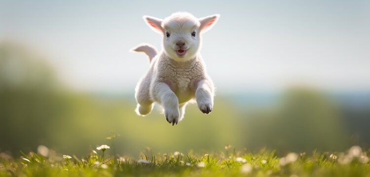 A baby lamb runs across a field leaping into the air, joyful with an essence of a Christian life.  Beautiful and innocent. Generative AI.