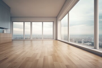 Fototapeta premium Large window in a white, empty room with wood floors. interior mock up of a loft. blank home space