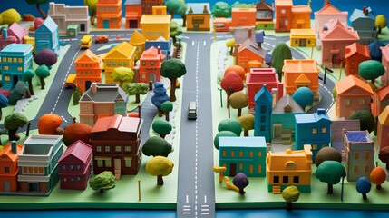 Naklejka premium Model of a small town and cars in the style of Mr rogers neighborhood. AI generated. 