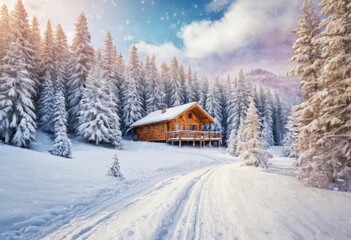 Fototapeta na wymiar A stylish multicolored painting of a snowy landscape with pine trees and a cabin on a textured wallpaper with a white color