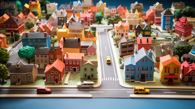 Model of a small town and cars in the style of Mr rogers neighborhood.  AI generated. 