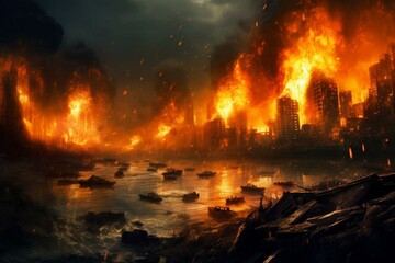 Burning city under attack, apocalyptic destruction. War themed illustration. Generative AI
