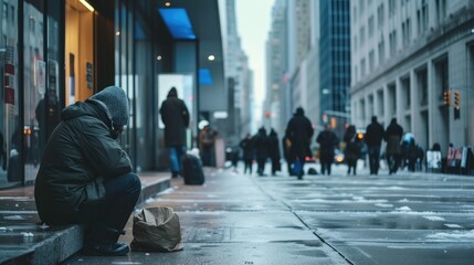Homeless Individual Seeks Refuge on Cold City Sidewalk - obrazy, fototapety, plakaty