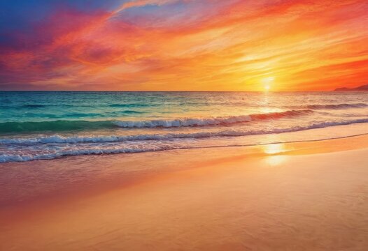 A stylish multicolored painting of a sunset over the ocean on a textured wallpaper with a sandy color
