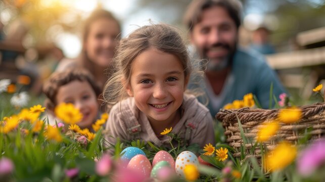 Joyful Child Amidst Colorful Easter Eggs in Springtime