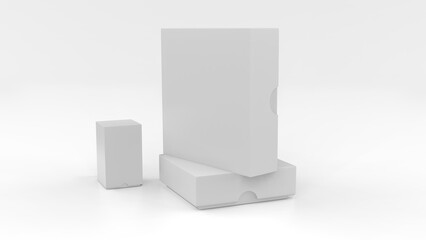 Two big and one small blank closed boxes, packaging mockup, isolated on white background. 3d illustration.