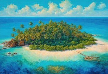 A stylish multicolored painting of a tropical island on a textured wallpaper with a turquoise blue color